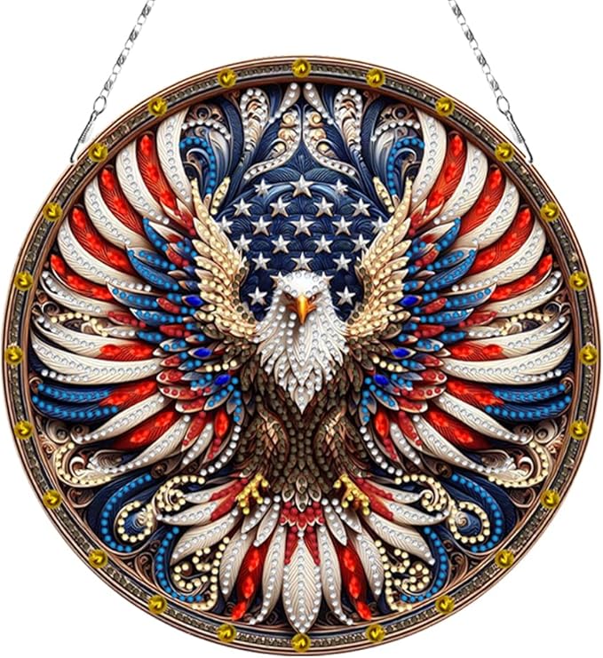 POETRYDRAW DIY Hanging Diamond Art Pendant Kit Eagle Independence Day, Special Crystal Diamonds Painting Ornament for Adults, 5D Diamond Art Suncatchers Double Sided Board Gem Painting Box Kit