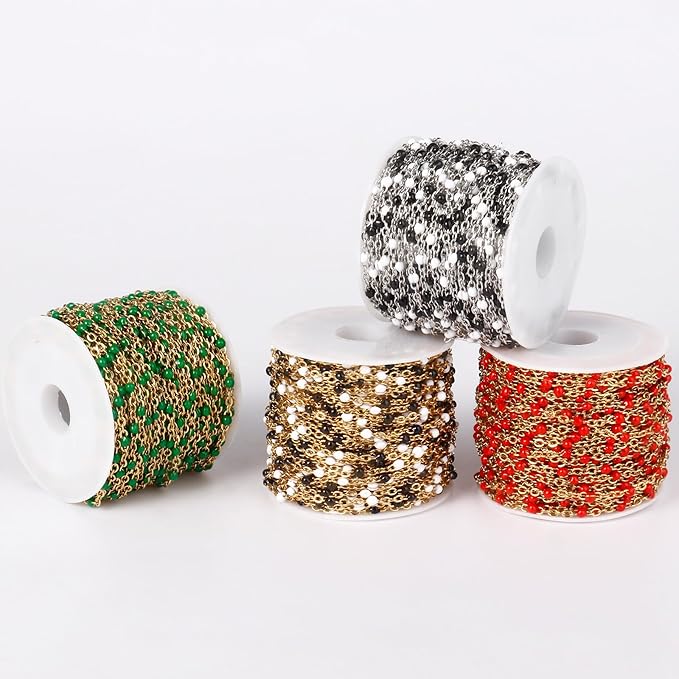 33 Feet Gold Enamel Chains Bulk, 2mm 18K Gold PVD Plated 304 Stainless Steel Red Enamel Beaded Cable Link Chain Roll Spool for Jewelry Making