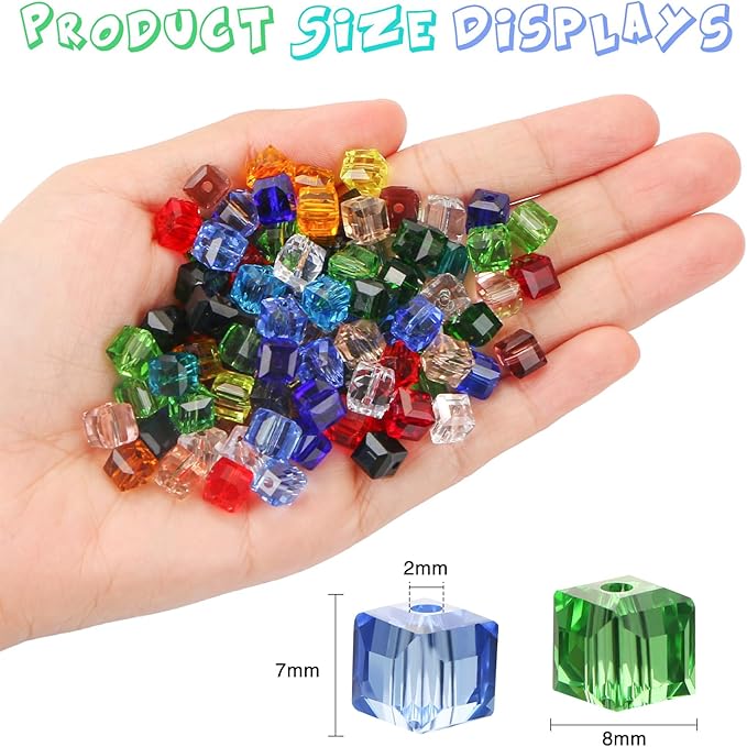 LIYDE 100 Pcs 8mm Cube Crystal Glass Beads for Jewelry Making, Square Crystal Beads with Box, Crystal Spacer Beads for DIY Craft Bracelets Charms Wind Chimes (Multicolor), Medium