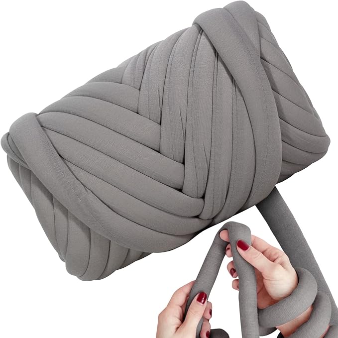 Light Weight Ultra Soft 2.2 LBS (1 kg) Chunky Yarn for Hand Knitting, Lush Polyester Fabric Tube Yarn to Make Handbags, Pillows, Blankets, Crafts (Grey)