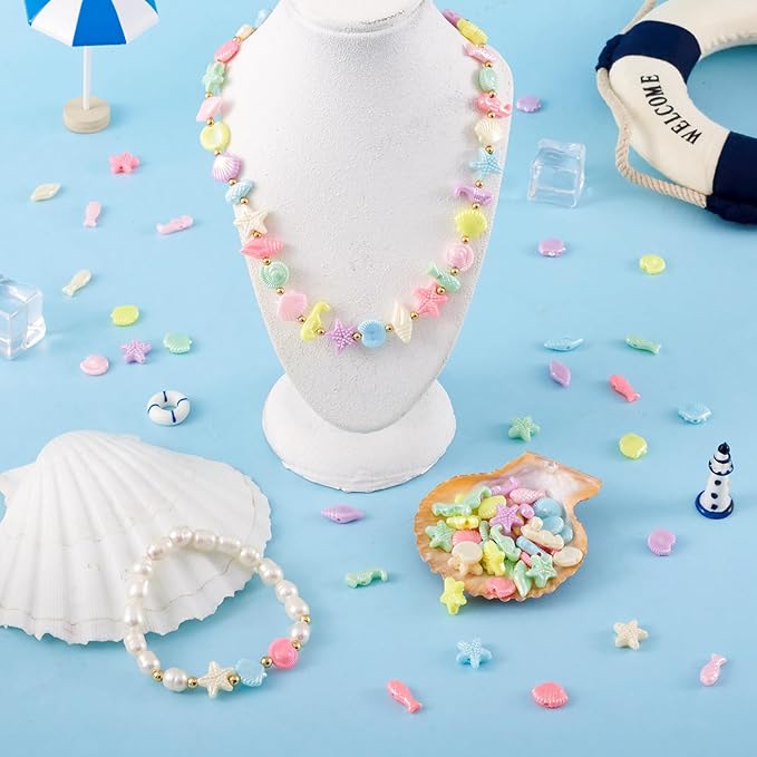 FASHEWELRY 200 Pcs Acrylic Ocean Sea Fish, Cute Marine Organism Sea Star, Shellfish Conch Beads, Candy Color Pony Beads Bulk for Bracelets, Necklaces, Jewelry Making