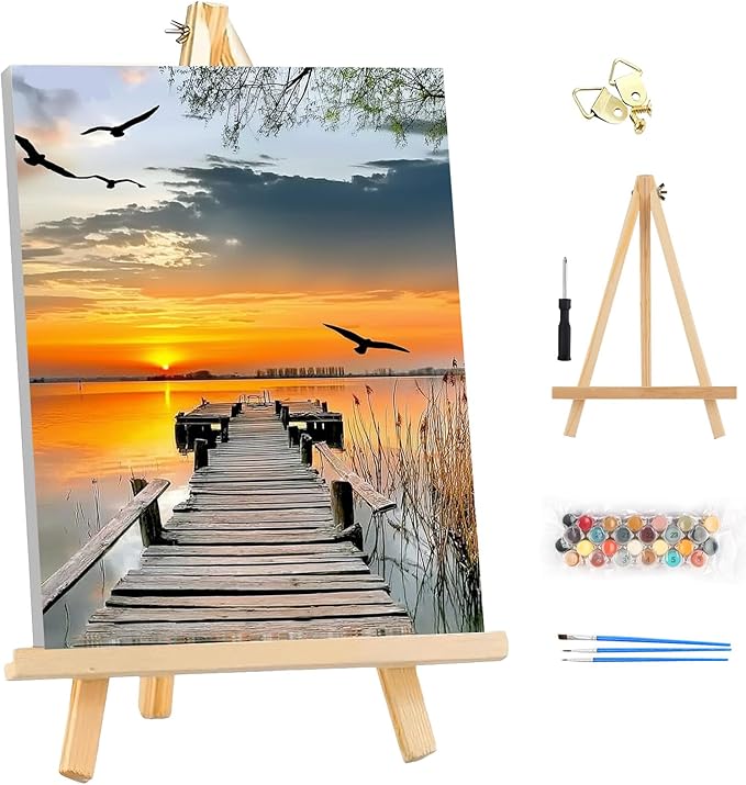 EOBROMD Framed Paint by Numbers Kits for Adults - Wooden Easel, Landscape DIY Acrylic Paint by Number on Stretched Canvas, Painting Kits Adults Oil by Numbers for Home Decor 10x14 Inch