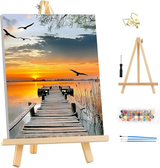 EOBROMD Framed Paint by Numbers Kits for Adults - Wooden Easel, Landscape DIY Acrylic Paint by Number on Stretched Canvas, Painting Kits Adults Oil by Numbers for Home Decor 10x14 Inch