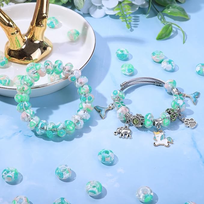 AIPRIDY Girls' Lucky Beads Lover Amber Beads, Big Hole Spacer Beads European Craft Beads for DIY Charms Bracelet Jewelry Making (Green and White)