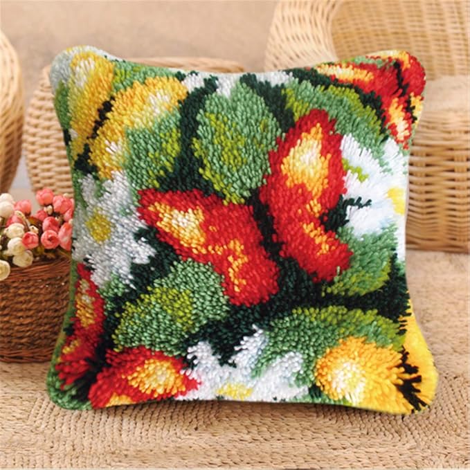 LAPATAIN Latch Hook Kits for DIY Throw Pillow Cover,Needlework Cushion Cover Hand Craft Crochet for Great Family 17X17inch Butterfly(Red)