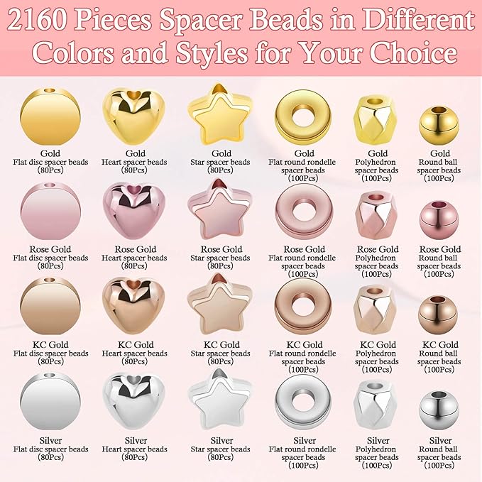 selizo 2160 Pieces Gold Spacer Beads Set, Assorted Bracelet Beads for DIY Jewelry Making(Gold, Sliver, Rose Gold, KC Gold)