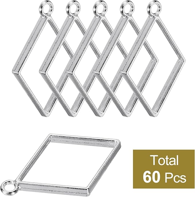 uxcell 60Pcs Alloy Open Bezel Pendants, Diamond Shape Hollow Frame Pendant Geometric Open Back Frame Pendant for Resin Jewelry Making Earrings Necklace Bracelet DIY, Silver Tone