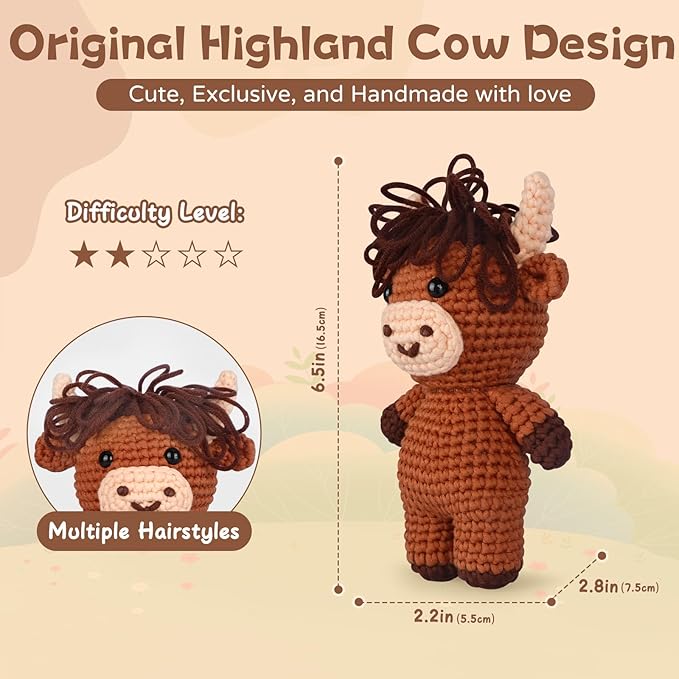 Crochet Kit for Beginners – Easy-to-See Stitches Yarn, Pre-Started Piece, and Step-by-Step Video Tutorials | Starter Crochet Set with Cute Animal Pattern – Original Handmade Highland Cow Pattern