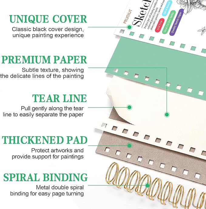 Sketch Book with 12 Color Pencil Set, 90 Sheets Spiral Sketchbook for Drawing (68lb/100gsm), Acid-Free Sketch Pad for Artist, Art Paper Drawing Supplies for Gifts(Green)