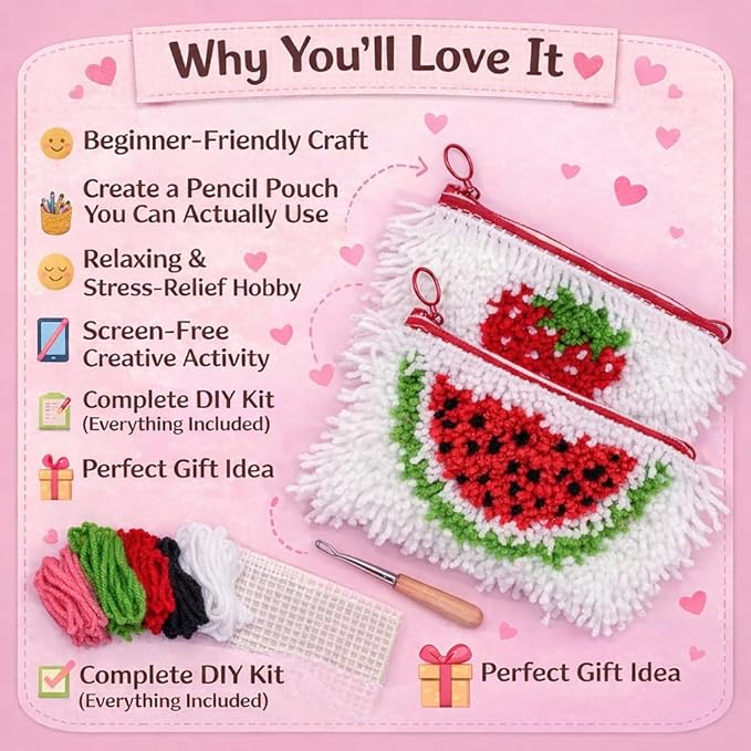 veirousa Strawberry & Watermelon Latch Hook Pencil Case Kit for Adults Beginners, Flully Fruit DIY Craft Pencil Pouch for Girls Boys 2 Pack Set