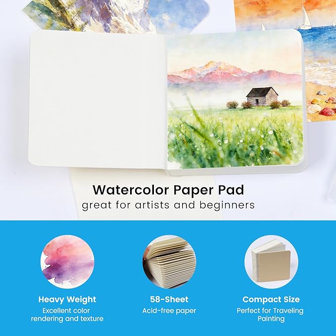 Mini Watercolor Paint Set, Travel Watercolor Paint kit with 12 Colors, Refillable Brush & Sketchbook, Ideal Watercolor Palette for Travel, Creative Painting Kit for Beginners and Artists(8 Gird)