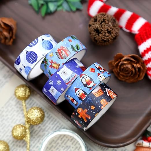 Christmas & Winter Washi Tape Set - 16 Rolls Holiday Decorative Tape for Bullet Journals, Scrapbooking & Gifts (0.6" x 10 ft) - Santa, Tree, Snowman, Penguin, Bear, Red Green Blue