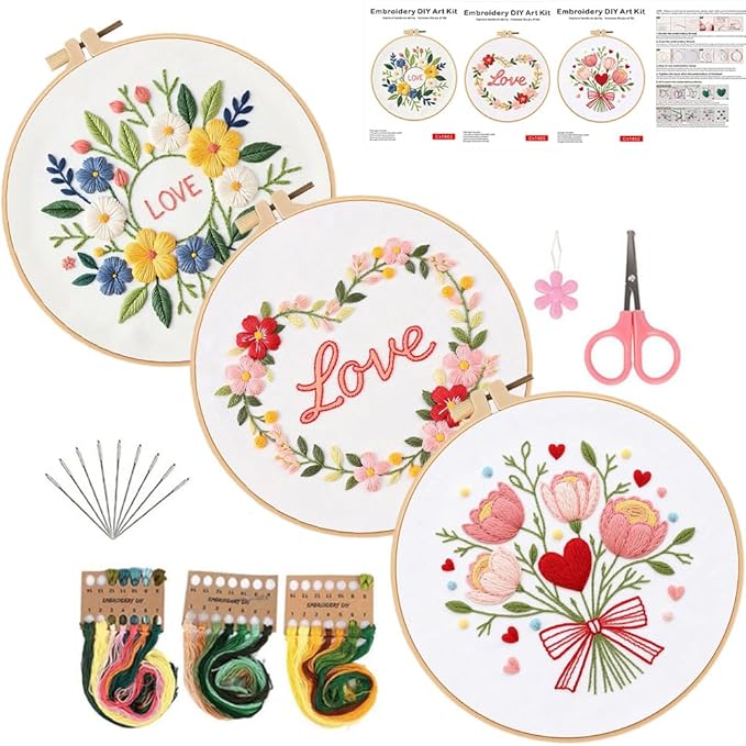 Konrisa 3pcs Love Flower Embroidery Kits for Beginners Adults, DIY Sewing Needlepoint Cross Stitch Kits for Anniversary Valentine's Day, Brithday, Christmas and Home Decoration