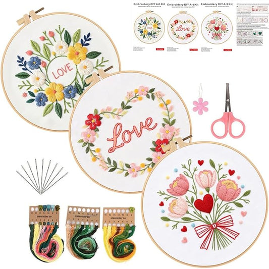 Konrisa 3pcs Love Flower Embroidery Kits for Beginners Adults, DIY Sewing Needlepoint Cross Stitch Kits for Anniversary Valentine's Day, Brithday, Christmas and Home Decoration
