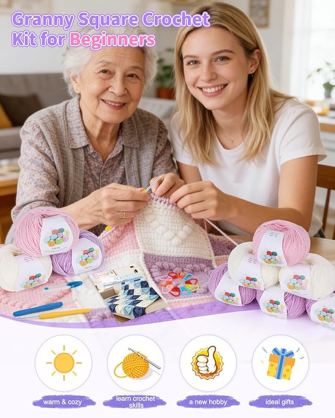 Coopay Crochet Blanket Kit for Beginners - 3D Love Granny Square Crochet Kit with Step-by-Step Video & Enough Yarns, Easy Bobble Blanket Kits for Adults, Ideal Gift for Craft Lovers (Pinkish-Purple)
