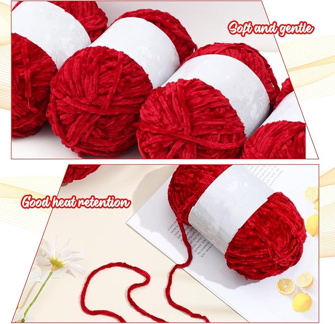 Amylove 6 Rolls Soft Velvet Chenille Yarn for Crocheting 1182 Yards Polyester Blanket Fuzzy Thick Yarn for DIY Knitting Bulky Weaving Crafts, 197 yd, 3.53 oz Each Roll(Red)