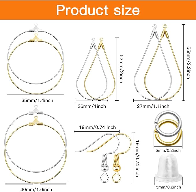 380pcs hypoallergenic earring making kit, jewelry making earrings supplies with teardrop round beading hoop,earring hooks,jump rings,earring backs for diy earring craft(2 colors, 2 sizes)