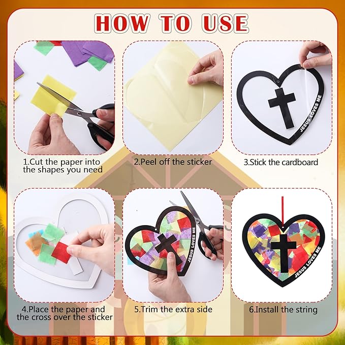 Motipuns 32 Sets Easter Christian Ornaments Craft Kit, Religious DIY Heart Suncatchers Gift Stained Glass Effect with Tissue Paper Window Art for Sunday School Church VBS Decor