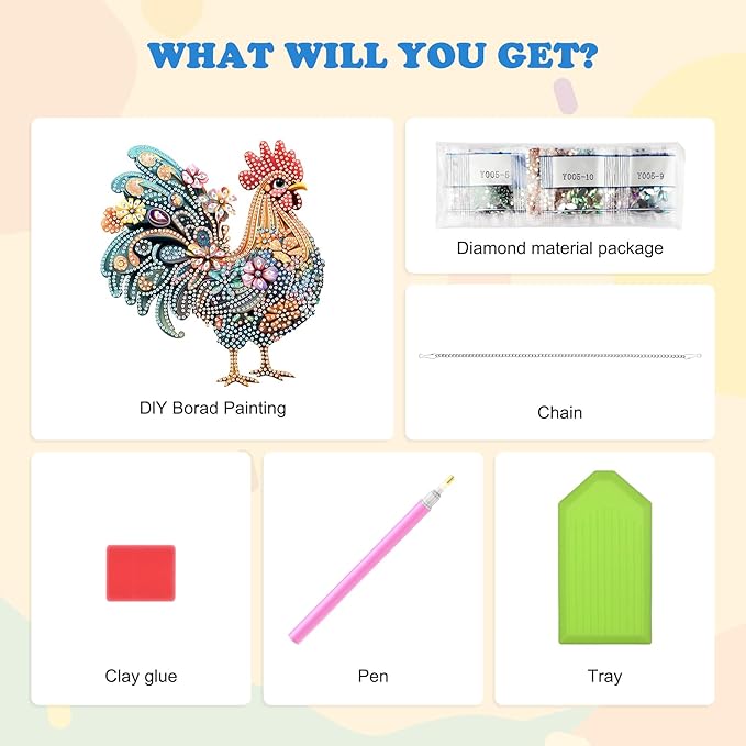 HEIBAGO Chicken Hanging Diamond Art Kits for Adults, Rooster Special Shaped Crystal Diamond Painting Ornament Kit, DIY Double-Sided Pattern Window Pendant Gem Art Kit for Home Wall Decor 8.3x8.3inch