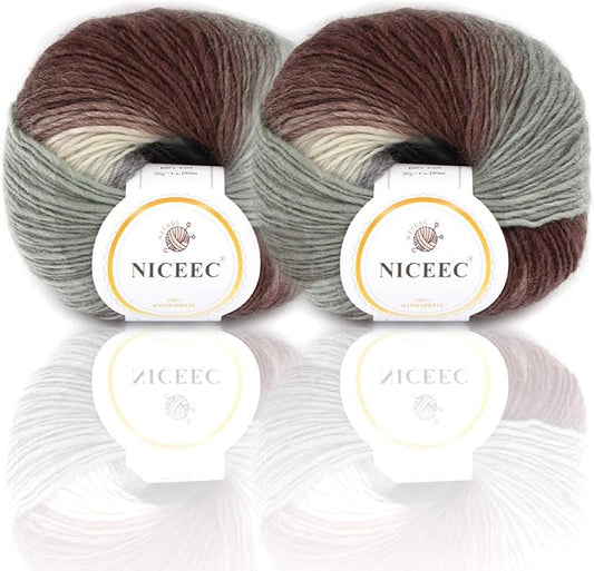 NICEEC 2 Skeins Rainbow Soft Yarn 100% Wool Gradient Multi Color Yarn for Crocheting Knit Total Length 180m×2(196yds×2,50g×2)-25
