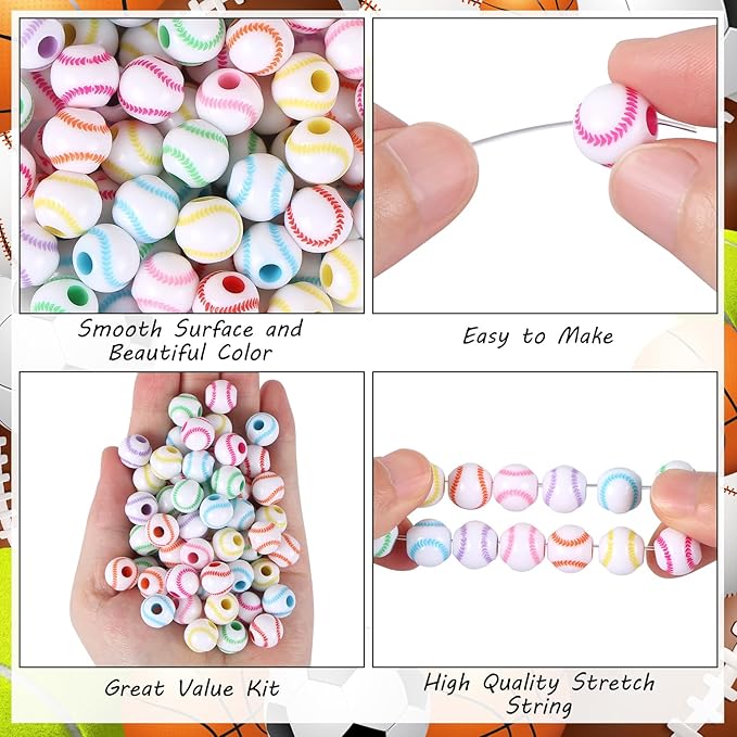 100pcs Baseball Beads with 5.5 Yard Elastic Rope,Acrylic Softball Bead Sports Beads DIY Spacer for Necklace Bracelet Keychains Handmade Jewelry Making Accessories,12mm(Rainbow Baseball)