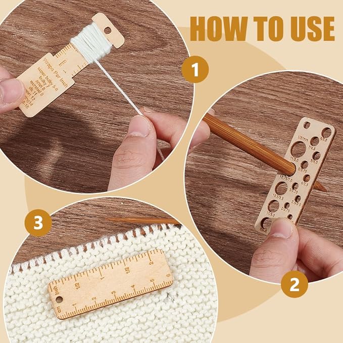 BENECREAT 3Pcs Mini Wooden Gauge Keychains, Knitting Needle Gauge, Yarn Wrap Guide Board, Multifunctional Ruler with Alloy Clasp for Crochet DIY Sewing
