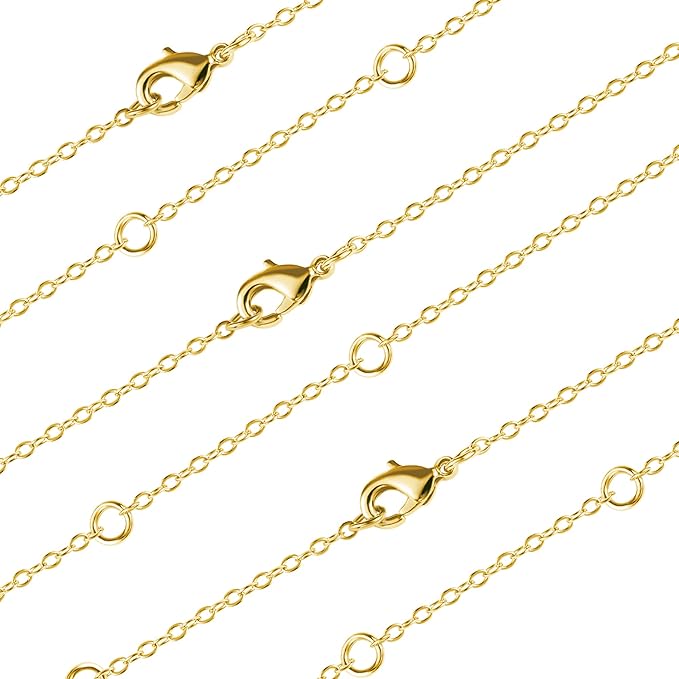 wholesale 12 pcs 14k real gold plated solid brass thin o chain necklace 1 mm finished chain bulk for jewelry making, size 16" + 2" extender