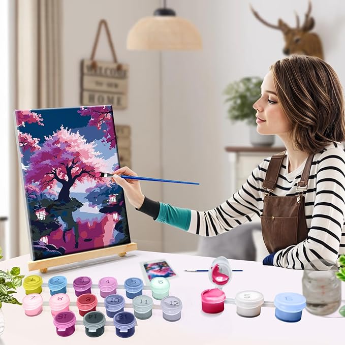 JOOZ Paint by Numbers Kit for Adults with Easel Cherry Blossom Tree Paint by Number with Frame Lake Scenery Adult Paint by Number Kits Oil Painting by Numbers for Gift Home Wall Decor 8x12 Inch