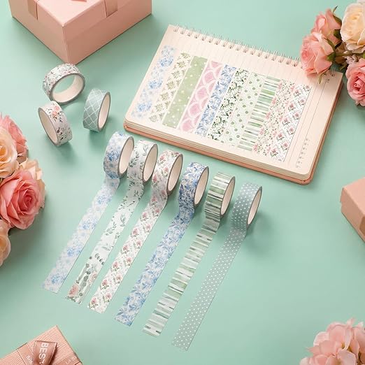 12 Rolls Watercolor Floral Washi Tape Set 15 mm Vintage Flower Decorative Masking Tape for Spring Arts DIY Craft Scrapbook Journal Supplies Gift Wrapping(Pink and Green,Spring)