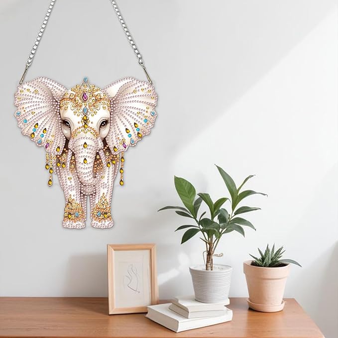 NAIMOER Diamond Art Hanging Kits for Adults Elephant, 5D Special Shaped Rhinestone, DIY Acrylic Diamond Art Painting Window Pendants Home Garden Wall Hanging Ornament Kits, Double Sided