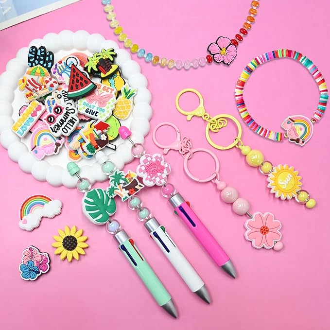 Silicone Focal Beads for Pens Summer Accessory Kit 30 Pcs Colorful Round Beads for Keychain Making Bracelet Necklace Handmade Crafts