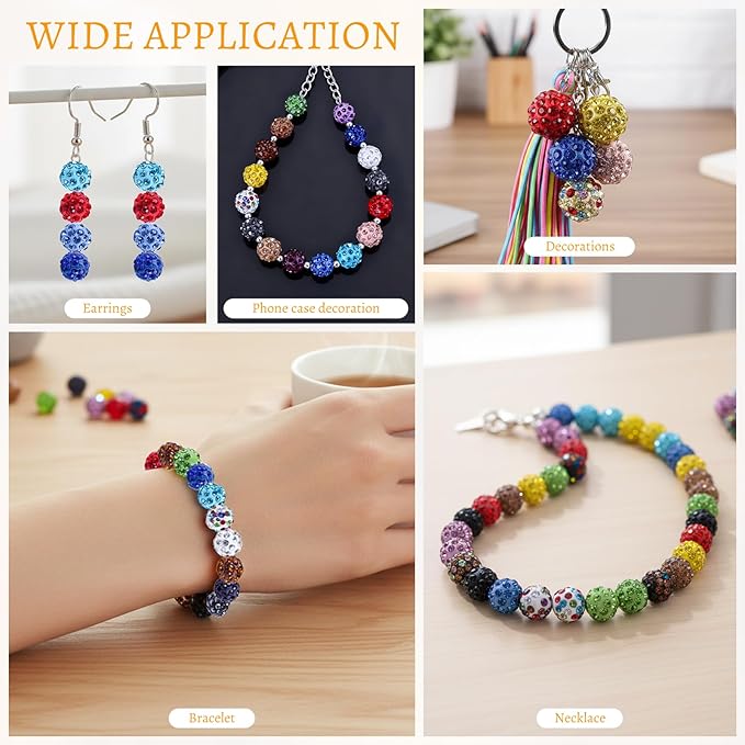 225pcs 10mm Rhinestone Beads for Jewelry Making, 15 Colors Clay Disco Round Ball Sparkly Crystal Diamond Bulk Bead for Bracelets Baseball Necklace Earring Crafting Christmas DIY Decoration
