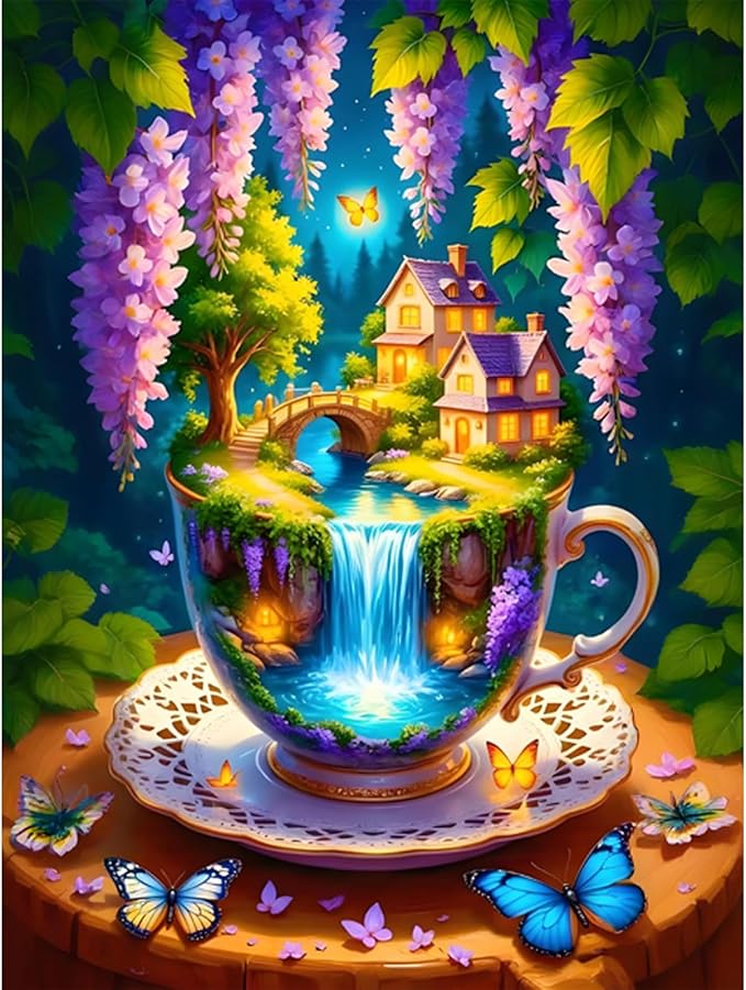 Camocin Diamond Art Kits for Adults Flowers, 5D River Diamond Painting Kits for Adults Beginners, DIY Butterfly Full Round Dots Drill Gem Art Kit for Gift Home Wall Decor 12 x 16 Inch