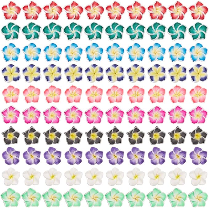 SUNNYCLUE 100Pcs 10 Color Polymer Clay Flower Beads Plumeria Spacer Loose Beads 15x8mm 5 Petal Summer Hawaii Floral Hawaiian Beach Spacer Charm Beads for Jewelry Earring Making Supplies DIY Craft