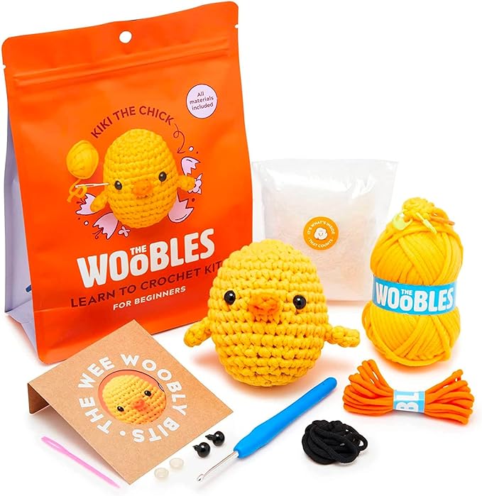 the woobles crochet kit for beginners - easy arts and crafts knitting & crochet animals kit as seen on shark tank - kiki the chick