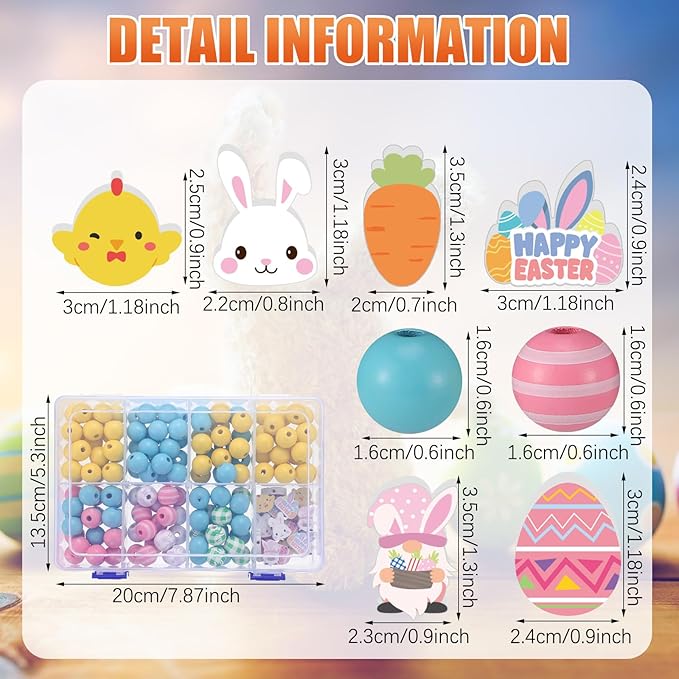 Chitidr 180 Pcs Easter Wooden Beads with Clear Box Bunny Egg Colorful Wood Beads Rabbits Chick Farmhouse Beads for Easter DIY Garland Crafts Party Decoration