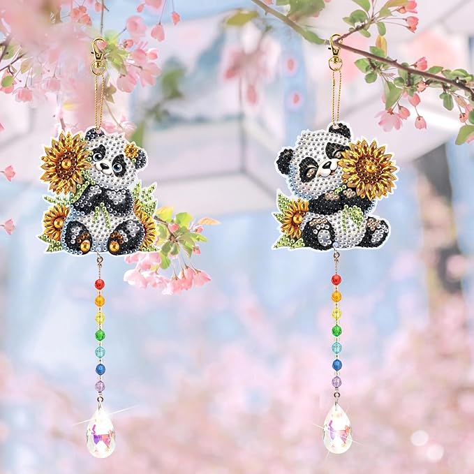 LazyFold 2 Pcs Diamond Painting Wind Chime Kits,Panda and Flower DIY Diamond Art Painting Wind Chime Kits Crystal Art Suncatchers for Adults Home Garden Window Craft Gift