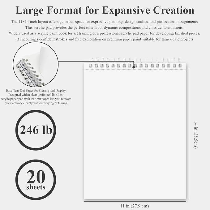 fuxi acrylic paint book pad, 11x14 inch 246lb/400gsm art paper for acrylic painting | 20 sheets (40 pages) notebook for painting, drawing & art supplies.