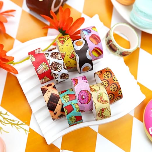 12 Rolls Cute Food Themed Washi Tape Set, Cartoon Yummy Dessert Decorative Tape Macarons Colorful Masking Tape for Journaling Supplies, Junk Journal, Scrapbooking, DIY Arts & Crafts Supplies