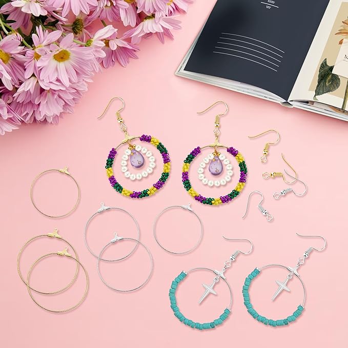 360pcs earring making kit jewelry making supplies bulk with round beading hoop earring finding,earring hooks,jump rings,earring backs for diy craft earring jewelry making(k gold,white k)