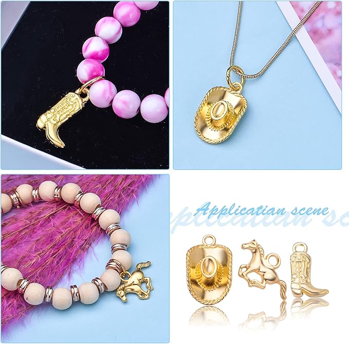 60pcs Gold Plated Western Themed Cowboy Charms Tibetan Alloy Cowboy Boot Horse Hat Pendants Charms Party Favors for DIY Earrings Bracelet Necklace Jewelry Making Findings, 3 Styles