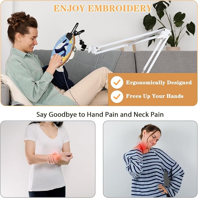 adjustable embroidery hoops stand for hand work,cross stitch frame with 360° rotation,needlework frame, embroidery stand suitable for embroidery kit,3-in-1 hoop/tablet/phone holder desk stand,white