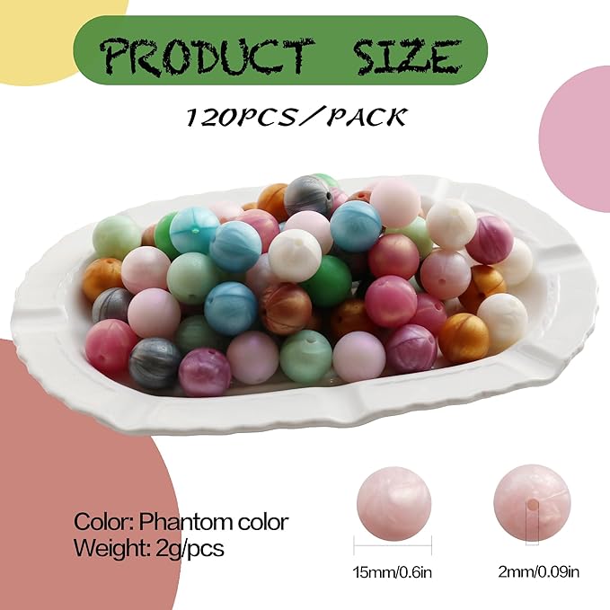 120pcs 15mm Bulk Silicone Beads for Pens, Keychains, Necklaces and Bracelets - Assorted Rubber Beads Set (Phantom)