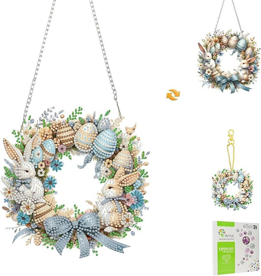 Masendp Easter Wreath Diamond Painting Double-Sided Hanging Ornament Set, DIY Irregular Shaped Rhinestone Window Decoration Set, Suitable for Home and Garden Wall Decoration Gifts