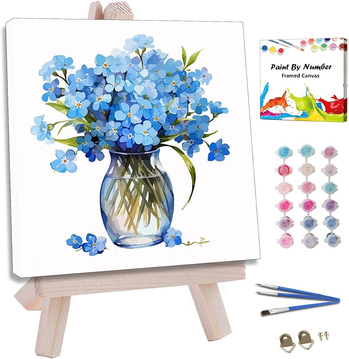 JUJUHOOD Blue Daisy Flower Paint by Numbers Kit for Adults Beginner & Kids Ages 8-12, Easy Paint by Number Without Easel, Simple Paint by Numbers for Gift Home Wall Decor (10x10Inch)