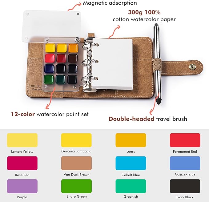 Fuumuui Watercolor Sketchbook Set – Refillable 12-Color Travel Paints Kit & 100% Cotton Cold Press 20 Sheets Art Journal with Dual-Tip Travel Brush for Artists Outdoor Painting - Small