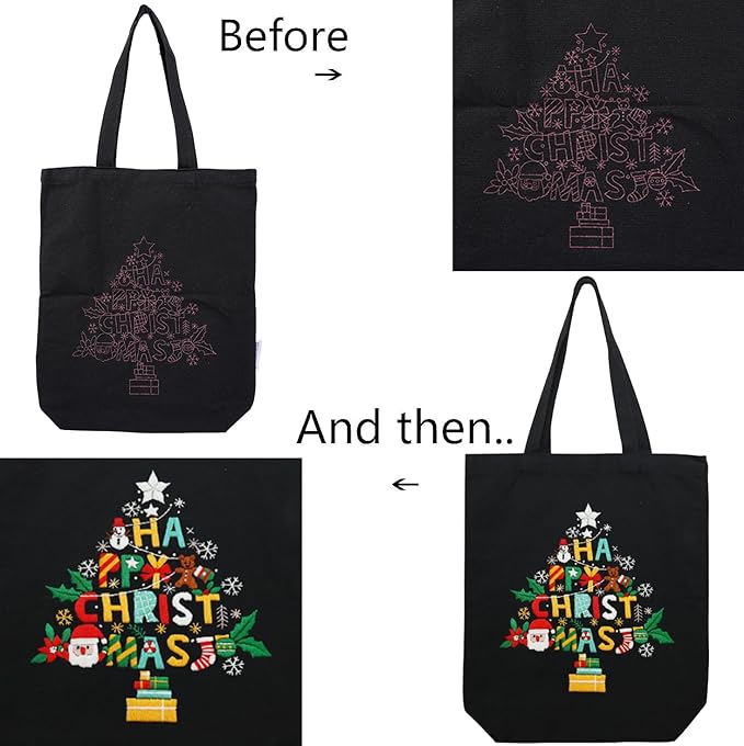 CREAWONDER Canvas Tote Bag Embroidery Kit with Pattern for Beginners, Arts and DIY Embroidery Crafts Kits for Adults, Include Instructions, Thimble, Embroidery Hoops, Color Threads and Tool