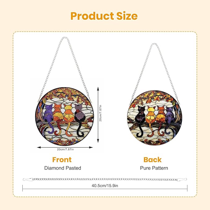 EOBROMD Diamond Hanging Art Kits for Adults, 4 Cats on Branch Diamond Art Painting Suncatcher, DIY Special Shaped Rhinestone Kits for Adults, Window Pendants Home Garden Wall Hanging Ornament