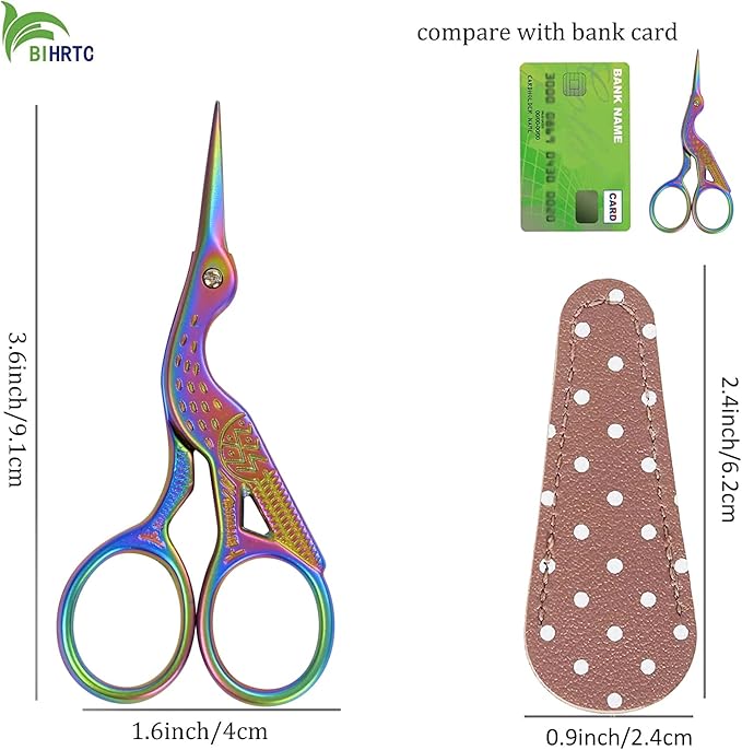 BIHRTC 3.6inch Mini Scissor Bird Crane Embroidery Scissors Stainless Steel Sharp Pointed Tip Scissors with Case for Tread Household Craft Needlework Art DIY Work Little Scissor