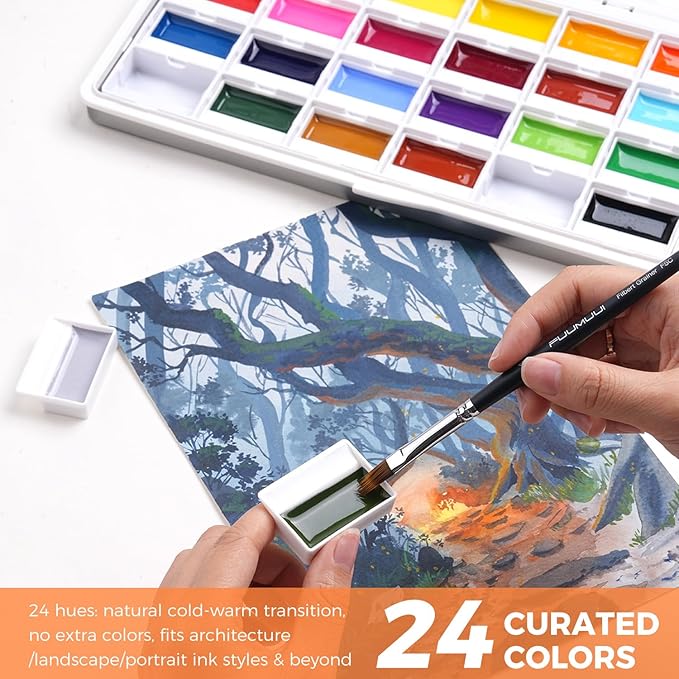 Fuumuui 24-Color Opaque Semi-Moist Watercolor Set – High-Saturation Bright Colors Art Supplies with Strong Coverage and Rich Pigments for Artists Beginner Painters Amateur Hobbyists Painting